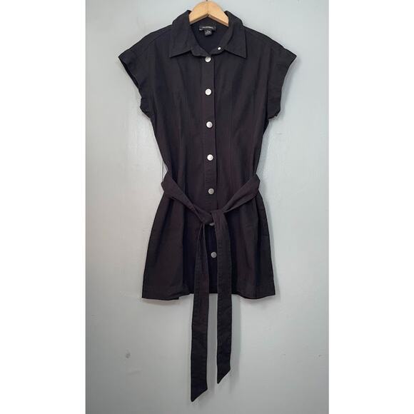 Monkl Bodycon Dress Size Small Black Canvas Button Up Mini Tie Belted Emo Goth - Picture 1 of 12
